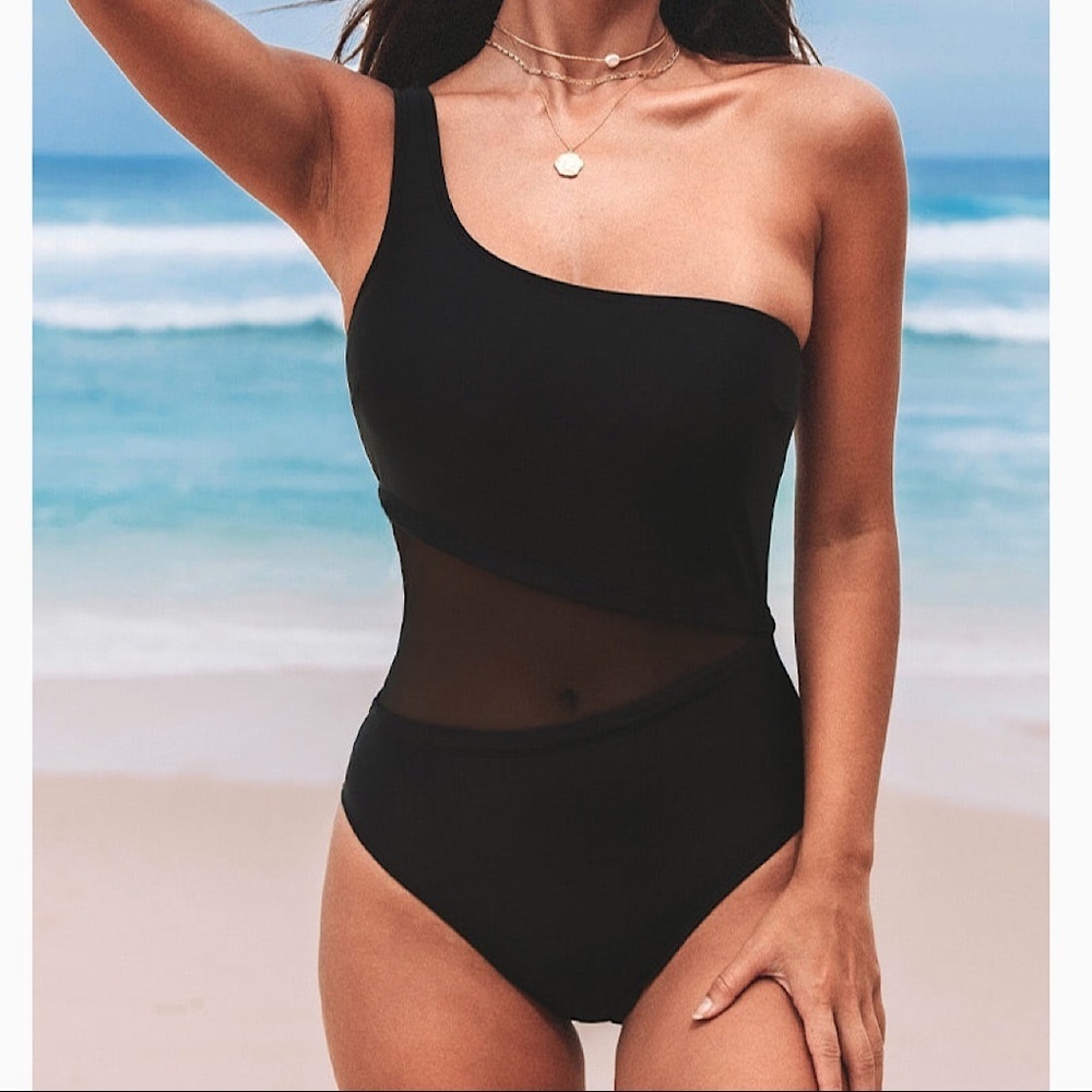 NEW Black Solid Mesh One Shoulder One Piece Swimsuit Size XL